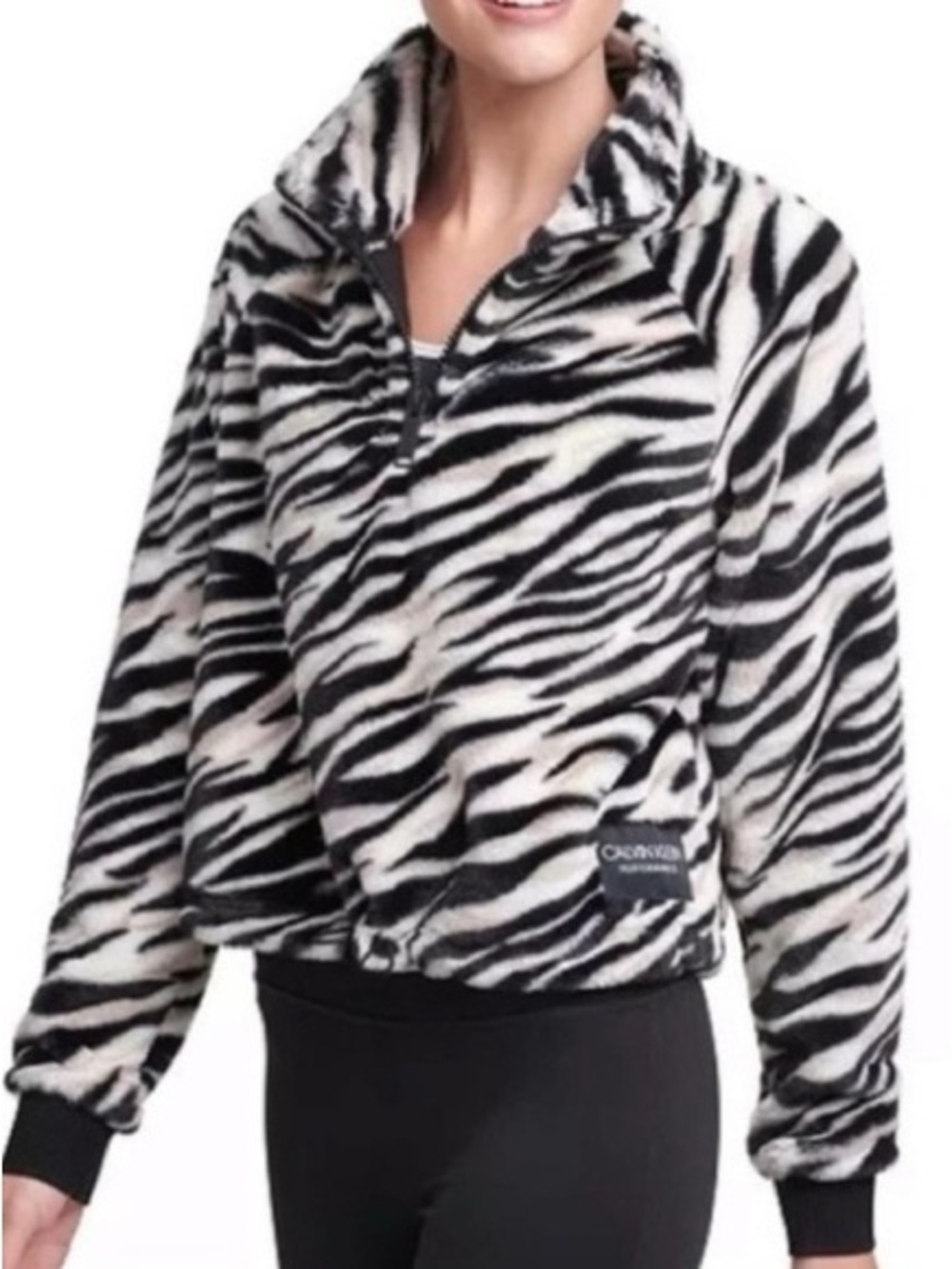 Calvin Klein Black & White Zebra-Print Performance Faux Fur Jacket